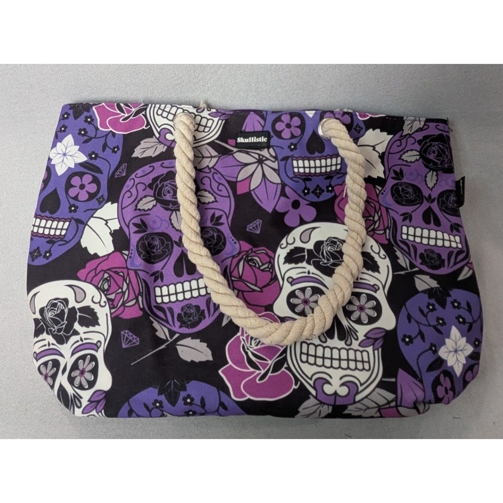 Skullistic Sugar Skull Tote Bag Women Large Purple Excellent Canvas Rope Handle
